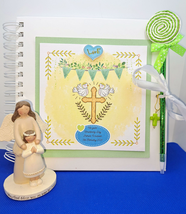 Personalised Christening  and First Communion photo album. Scrapbook keepsake book and personalised frame set.