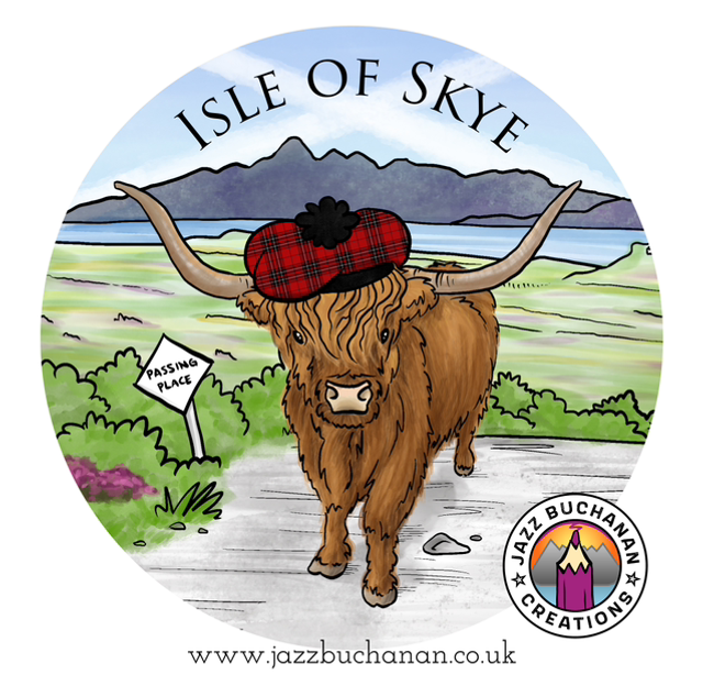 Isle of Skye vinyl sticker - Highland cow with a bonnet