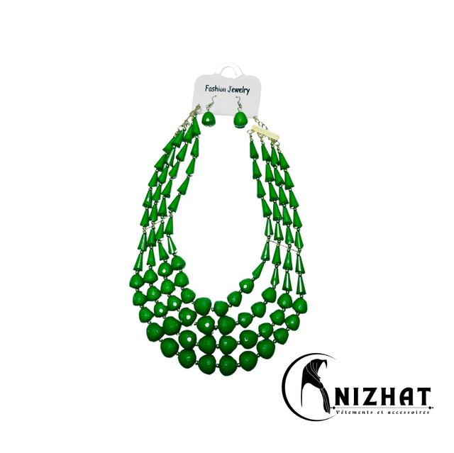 Lot de 5 colliers de perles pour femme + boucles d'oreilles fantaisie couleur vert foncé 