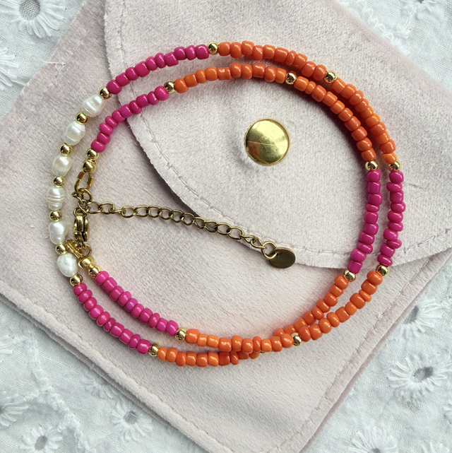 GIGI - Pink &amp; Orange Pearl Beaded Choker Style Necklace