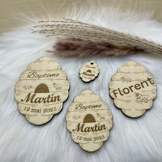 Ruche en bois gravée – Cadeau invité personnalisé pour mariage, baptême, communion