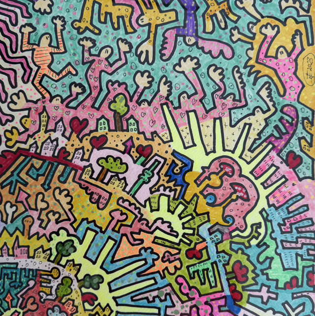 DANCERS IN LOVE, Rahmen 53x42 cm, Passepartout 39x29 cm, Edding, Acryl- und Aquarellfarben auf Aquarellpapier 