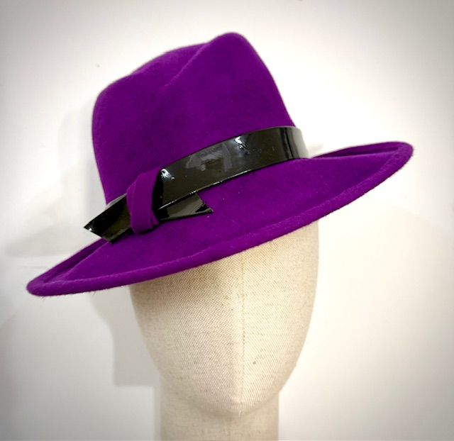 Purple fur felt trilby/patent trim