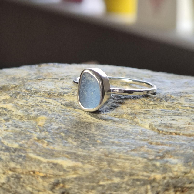 Size U Pale Blue Sea Glass and Sterling Silver Ring 