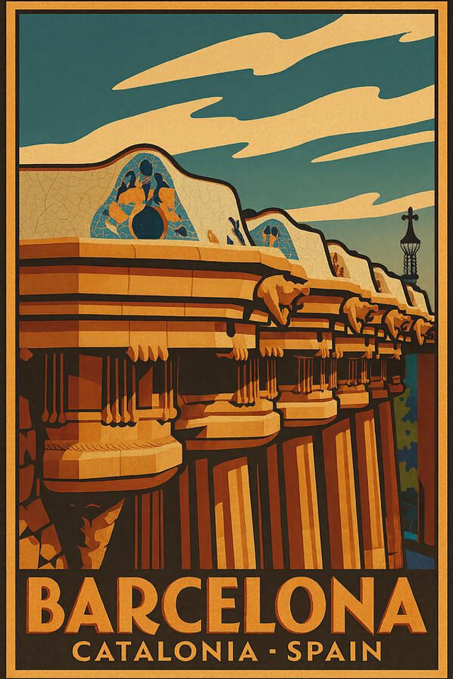 Póster vintage del Parque Güell de Barcelona, ​​Catalunya