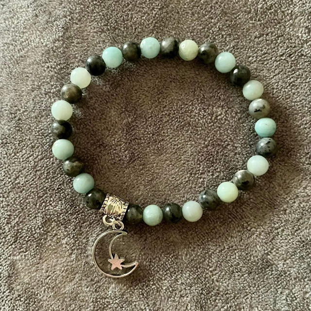 Larvikite &amp; Amazonite moon charm 7” bracelet 