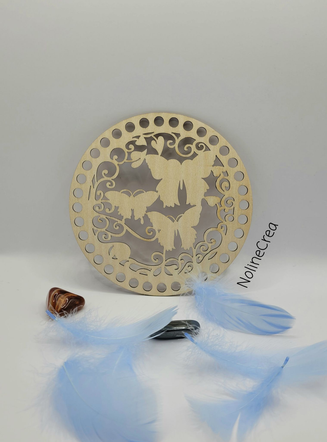 Base ronde en bois motif trois papillons, base ronde bois 15 cm pour crochet