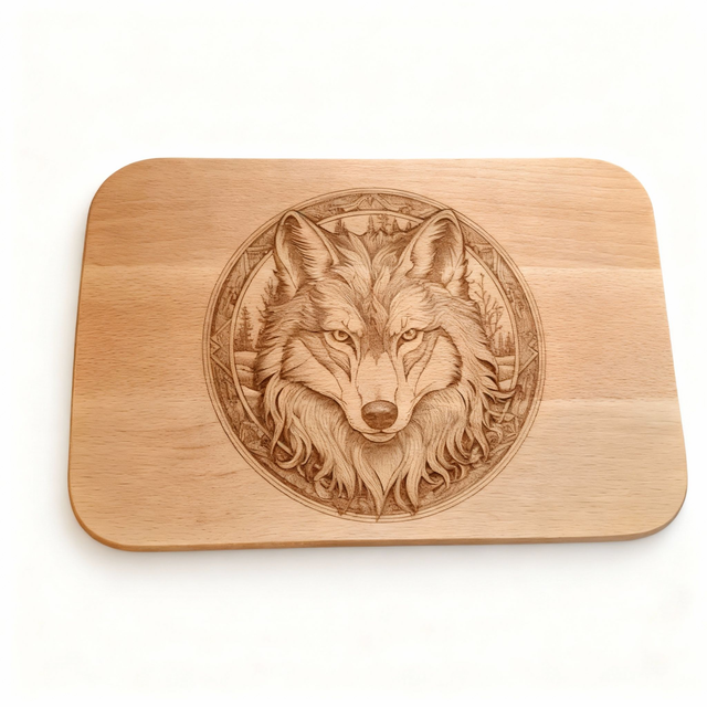 Frühstücksbrett aus FSC® Buchenholz mit beeindruckender Wolfsmotiv-Lasergravur
