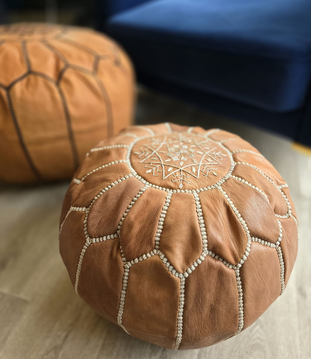 Pouf "Mehdi" en cuir marocain authentique fait mains 