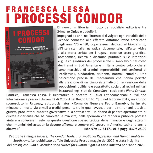 Francesca Lessa, "I processi Condor. La repressione transnazionale" (trad. di Francesca Casafina), 24marzo Onlus/qudulibri 2023