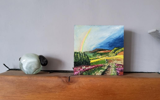Rainbows and storm clouds above Scarth Woods Moor.  6x6" original oil painting on a wooden canvas. 