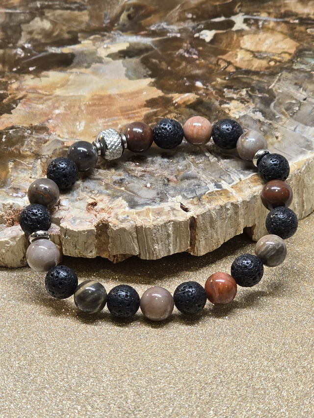 Bracelet Pierre de lave et Bois fossilisé en 0,8 cm