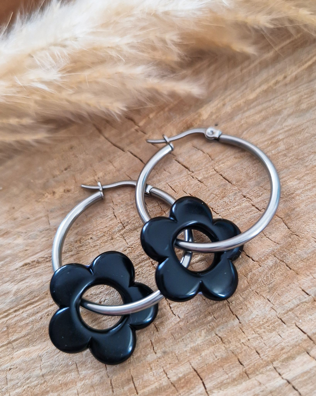 Boucles d'oreilles créoles "Fleurs" - Argenté et noir