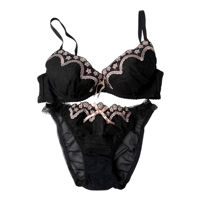 Black + pink floral Japanese Bra + underwear set UK 32B, 34B