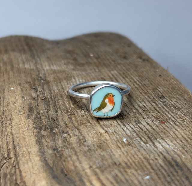 Recycled Pottery “Robin “ &amp; Recycled Silver Ring Size S