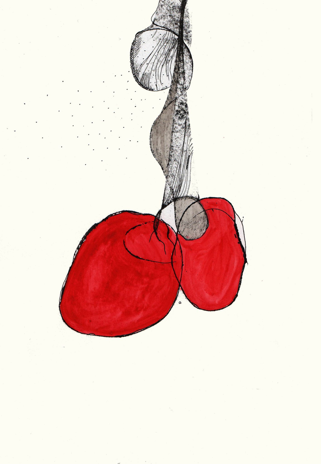 Encre originale et unique pour le livre « Les comptines du week-end ». Titre : Des cœurs qui se percutent