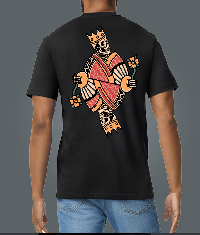 Traditional Tattoo Style King Skull Black Soft Spun Patterned T-Shirt