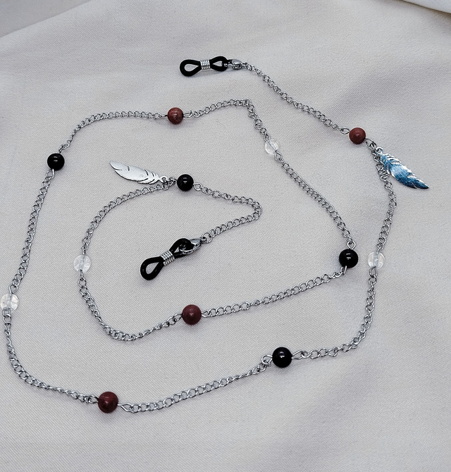 Chaîne de lunettes 78 cm en  pierres naturelles (grenat, cristal de roche, jaspe rouge)