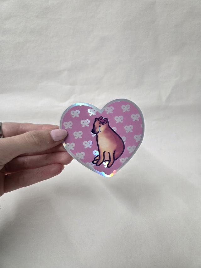 Sad Doge With Bows Holographic Heart Shaped Sticker - ST-039