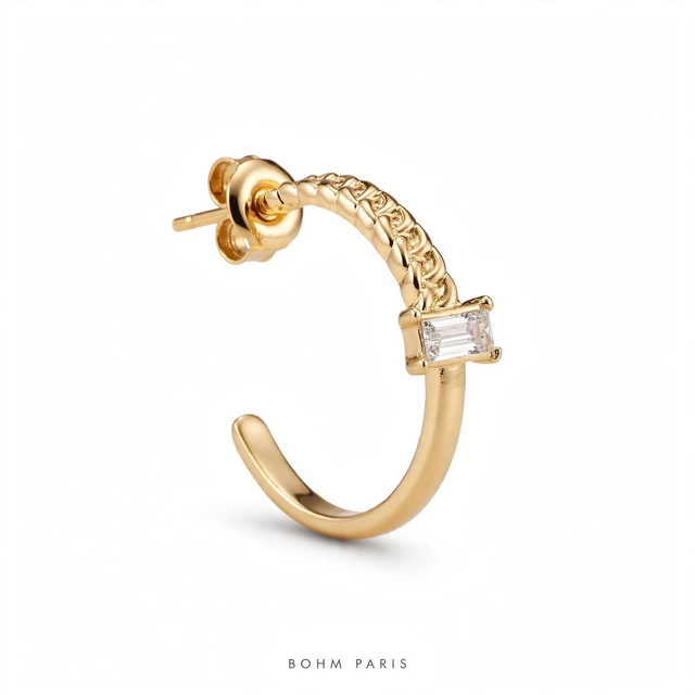 Créole Bohm Paris - Mini anneau torsadé doré & zircon baguette - Acier inoxydable