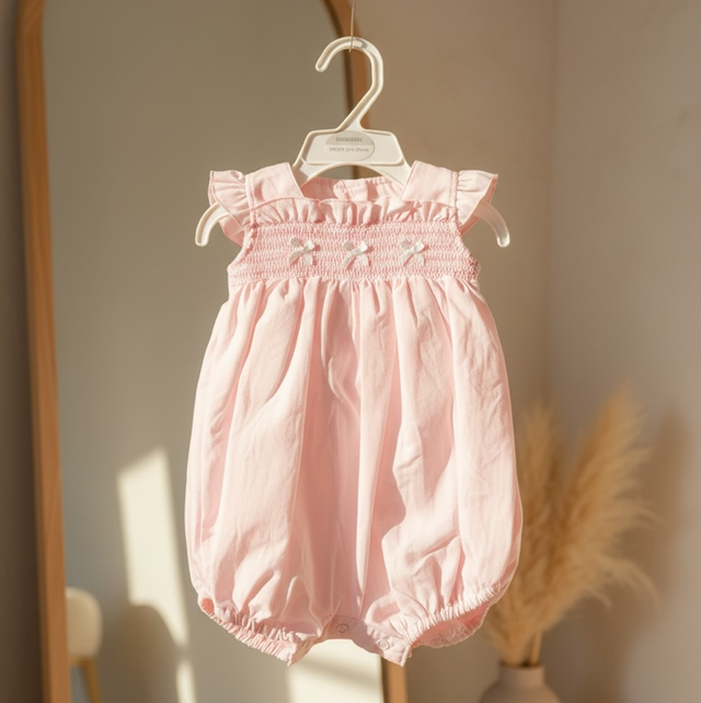 Baby Girls Pink Romper With Smocking &amp; Bows 