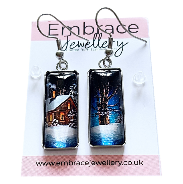 Snowy Cabin & Tree Drop Earrings