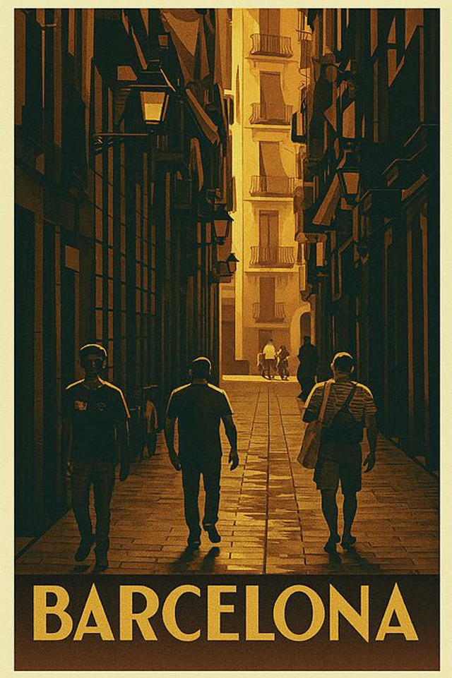 Póster vintage de la escena callejera del casco antiguo de Barcelona con sombras del Barrio Gótico