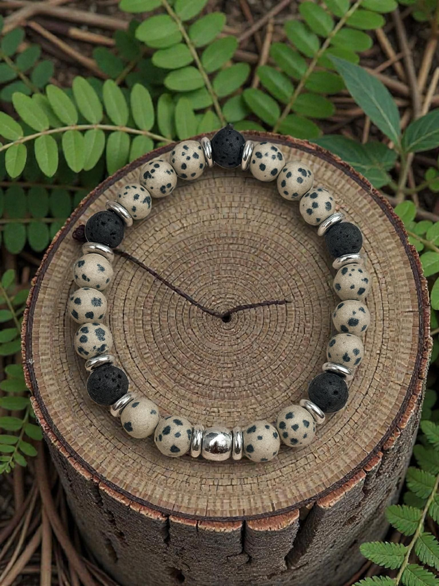 Bracelet Jaspe Dalmatien/ Pierre de lave - Protection, Sérénité, Positivité)