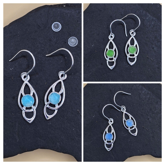 925 Drop Earrings with Seaglass – Modern Celtic Petal Design
