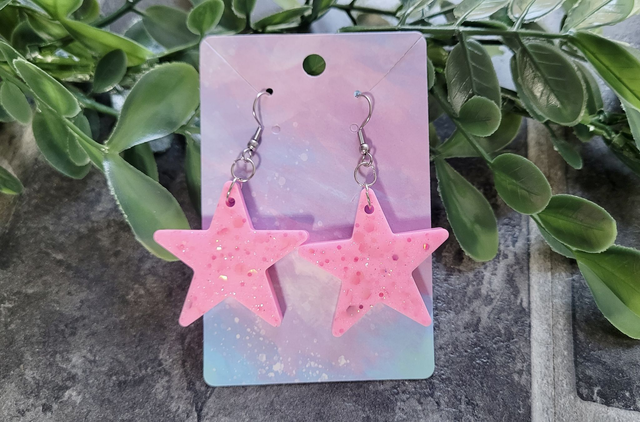 Earrings | Candy Pastel Pink Glitter Stars | Stainless Steel Hooks