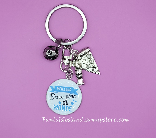 Porte-clés argenté - Meilleur beau père au monde  - foot pizza coca 