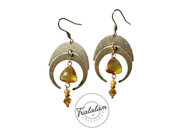 ✨Boucles d’oreilles &quot;lunes dorées et cabochons citrine&quot;✨