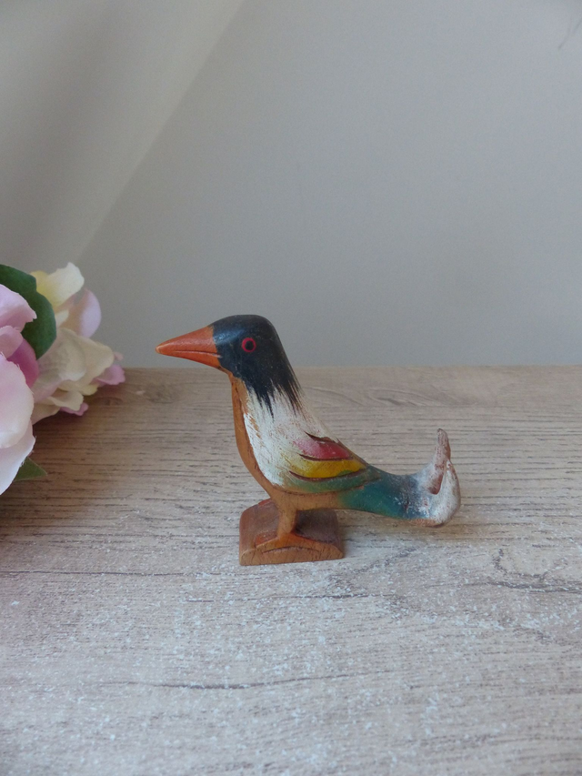 Sculptures d'un Oiseau et deux Roadrunners en Bois Sculptés et Peints à la main, Statuettes Oiseaux Décoratifs en Bois Art Populaire Vintage