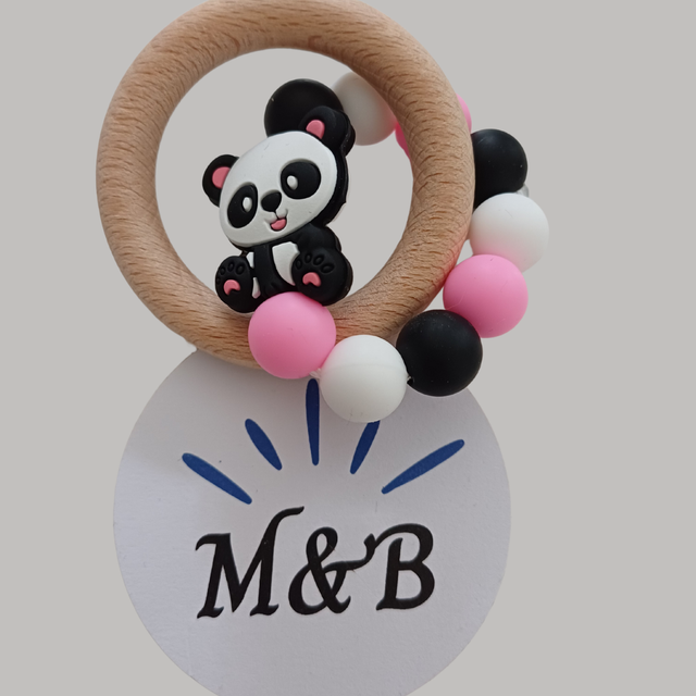 🔸 Anneau de dentition bois &amp; silicone – Panda rose 🐼