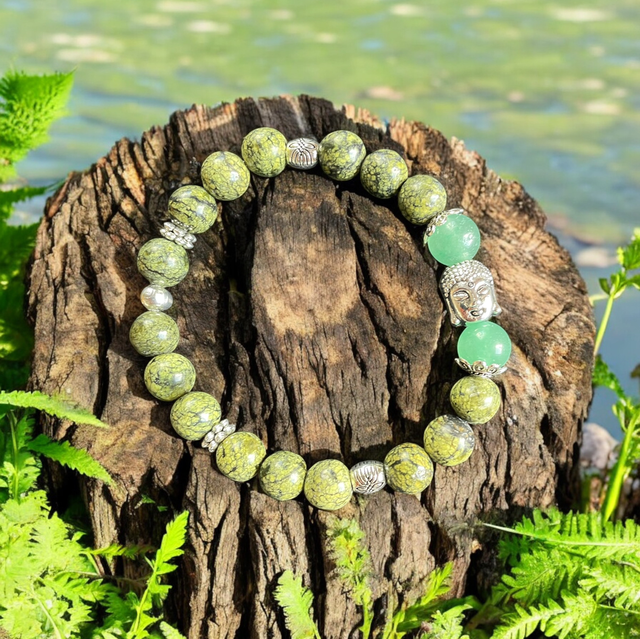 T8 Bracelet « Serenity » Pierre de serpentine et aventurine , breloque bouddha 