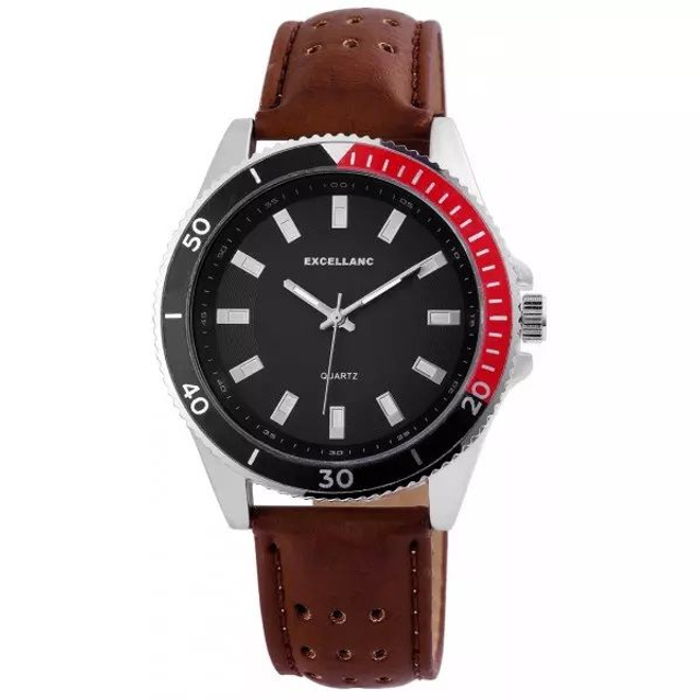 Montre marque Excellanc homme fond noir bracelet marron