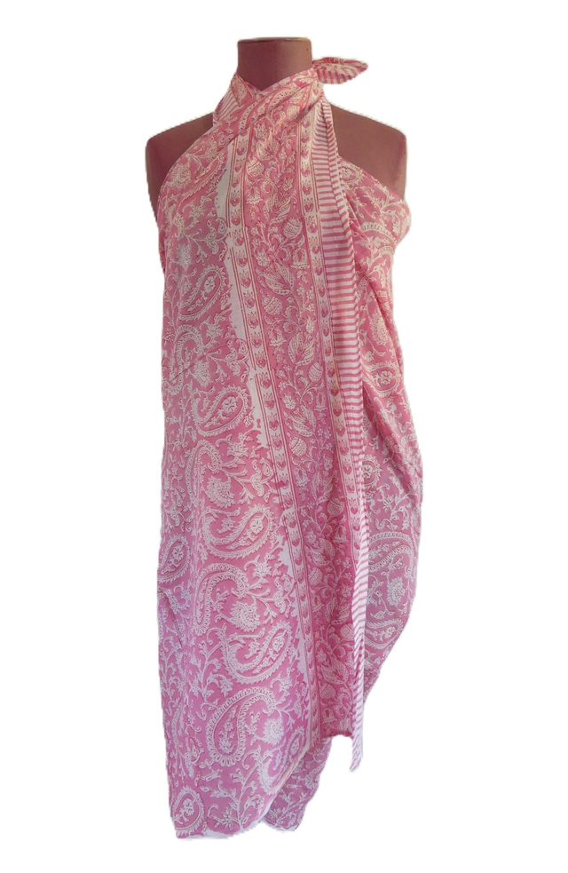  Paréo de plage en coton voile indien imprimé à la main – Motif cachemire rose et blanc – Étole & châle bohème 