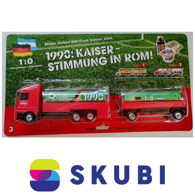 Reklamní kamion s vlekem - Mercedes Actros  - Müller - Fussball Weltmeister 1990 - Deutschland : Argentinien 1:0 - model 1:87 H0