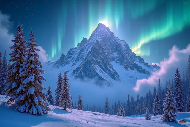 Tableau Aurores Boréales 🌌 | Pic Enneigé &amp; Nuit Polaire – Déco Murale Magique 🏔️✨