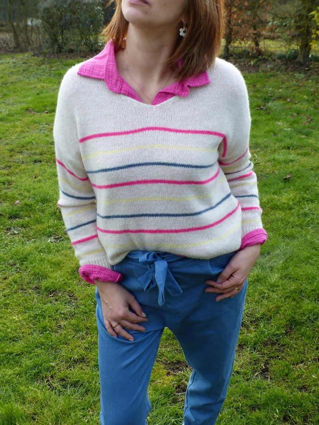 pull rayé fusia