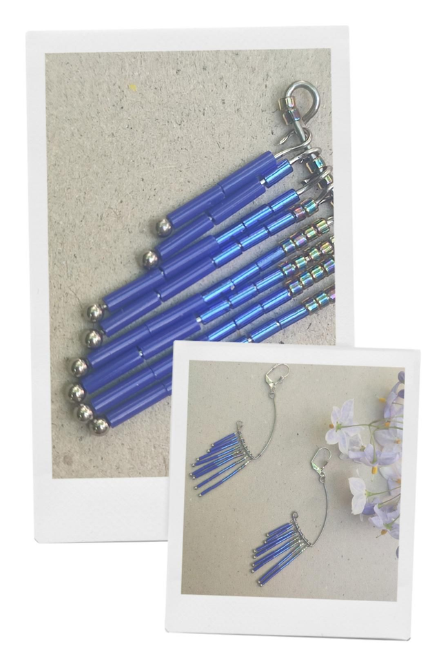 Boucles d'oreilles longues, perles de verre miyuki ( argent, bleu) acier inoxydable argent, pièce unique -sans nickel 