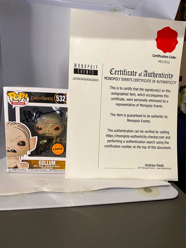 Funko Gollum #532 - El Señor de los Anillos Chase firmado por Andy Serkis Certificate COA