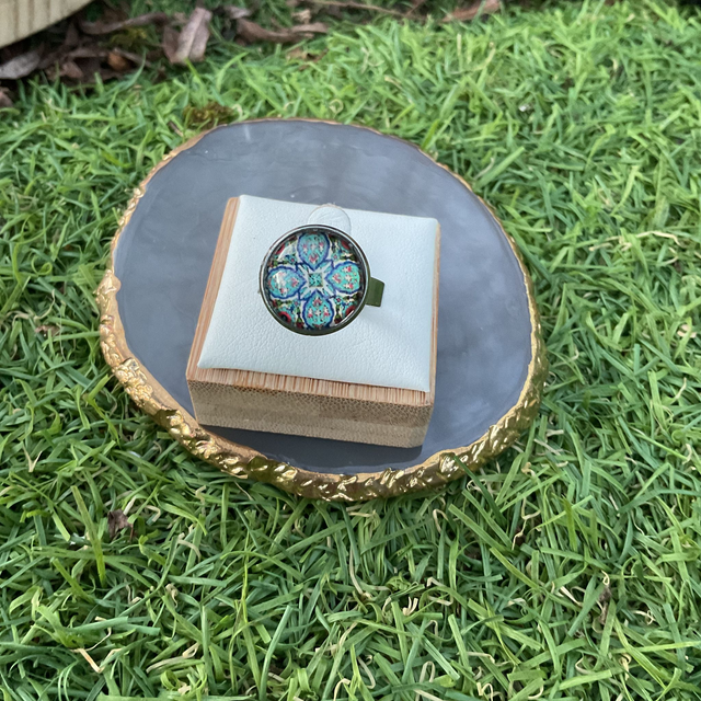 Adjustable glass dome ring. Colourful design. Handmade.