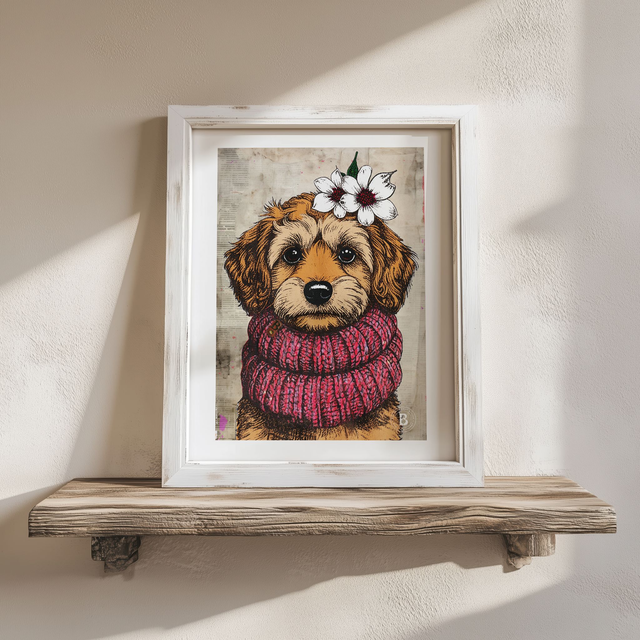 Cavalier Cross Dog In Floral Mixed Media Art Print A4