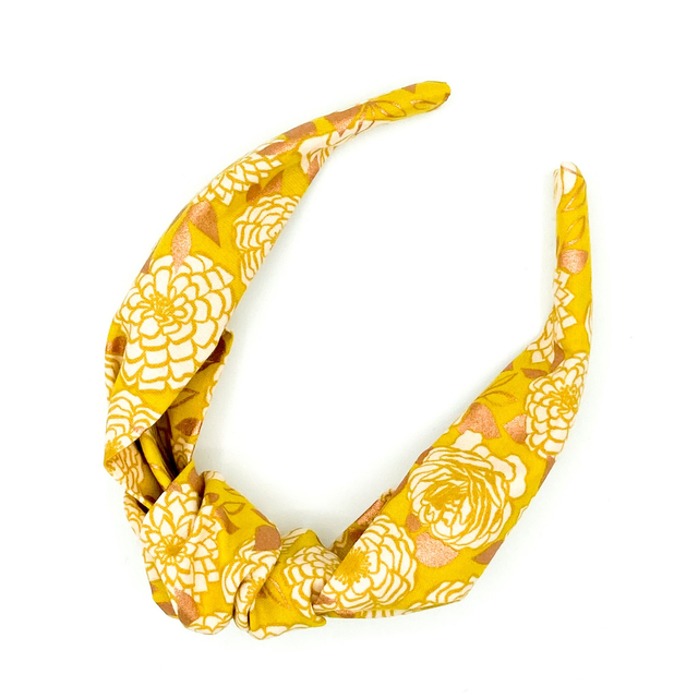 Top Knot Alice Band - Yellow Metallic Gold Floral (Dahlia)
