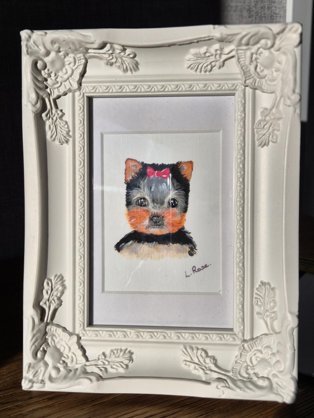 Yorkshire Terrier acrylic painting in frame 