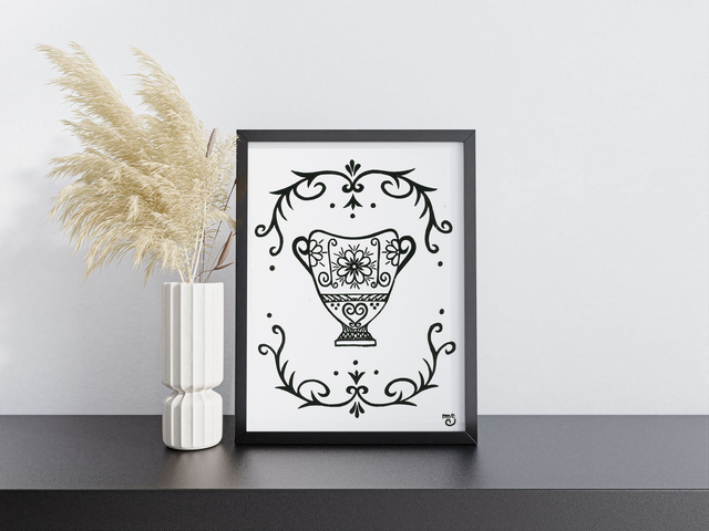 Linogravure “Vase Orné” – Impression artisanale A4 sur papier 100% coton