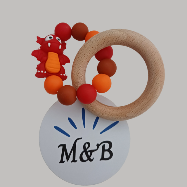 🔸 Anneau de dentition bois &amp; silicone – Dragon rouge 🐉