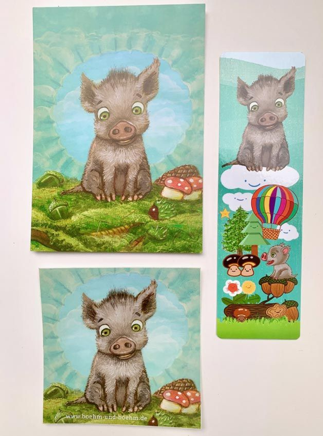 Bundle "Kleines Wildschwein": Postkarte, Aufkleber, Lesezeichen / "Little Wild Boar": Postcard, Sticker & Bookmark