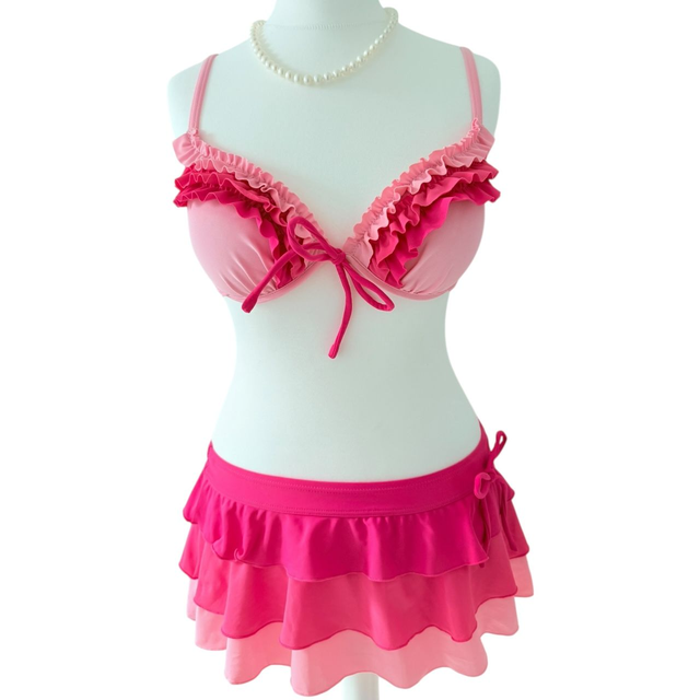 Pink ruffle japanese 3 piece bikini set 